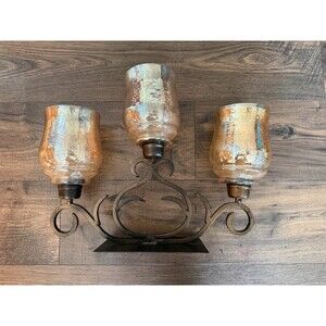 At Home 3-Light Scroll Metal & Glass Hurricane Candle Holder